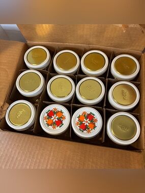 12 Vintage BALL Kerr Fruit Embossed Jelly Jars 8 oz Jam Mason Canning w/Lids